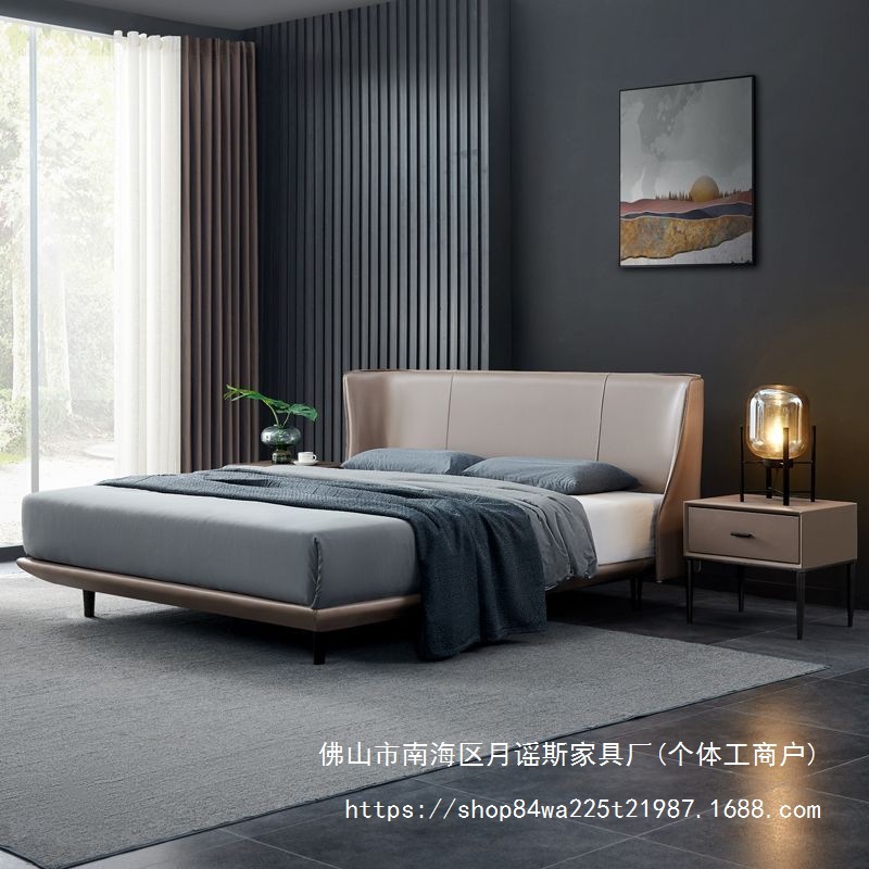 Leather Bed Light Luxury Modern Master Bedroom 1.68m Double Bed Simple Italian Style Upholstered Large Bed Tatami Wedding Bed