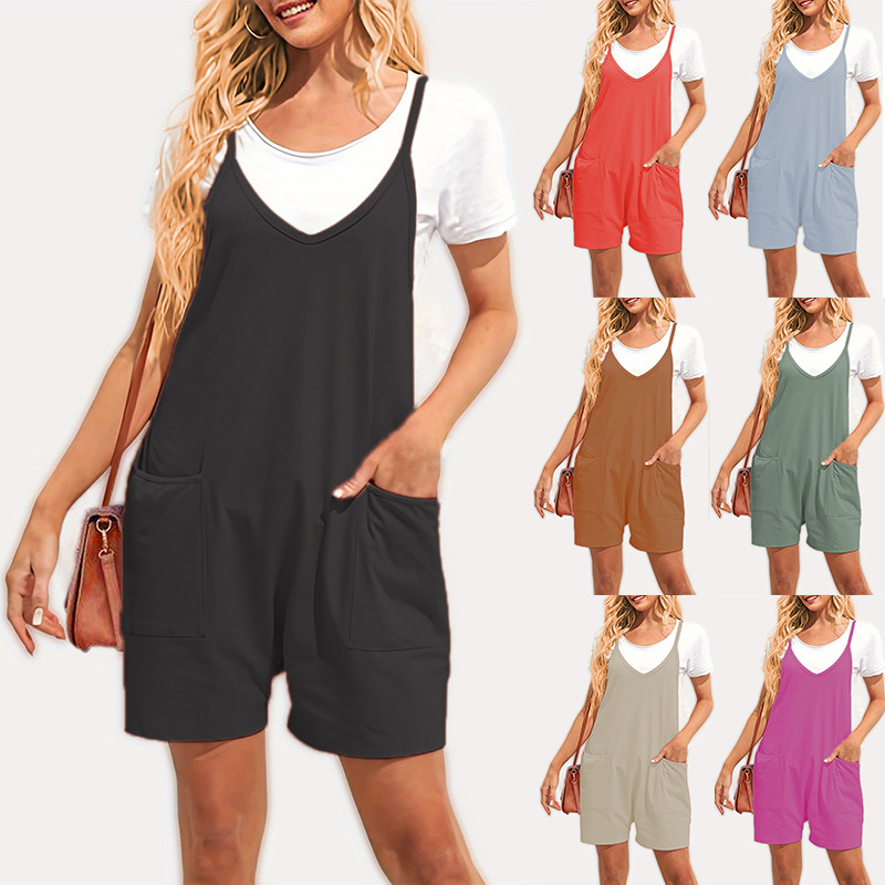 Women's Holiday Street Casual Solid Color Shorts Pocket Patchwork Rompers display picture 1
