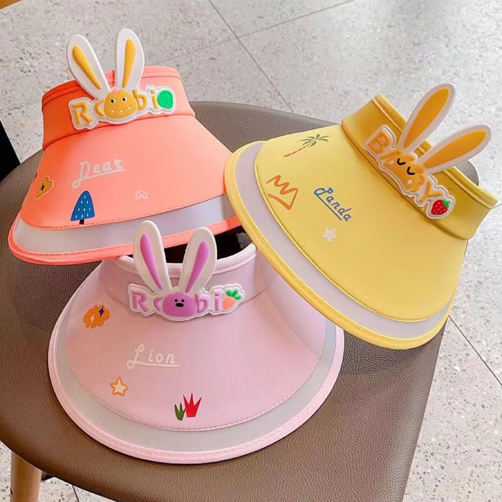 新款儿童防晒帽兔耳朵帽子男女童夏季空顶防紫外线宝宝遮阳透气帽