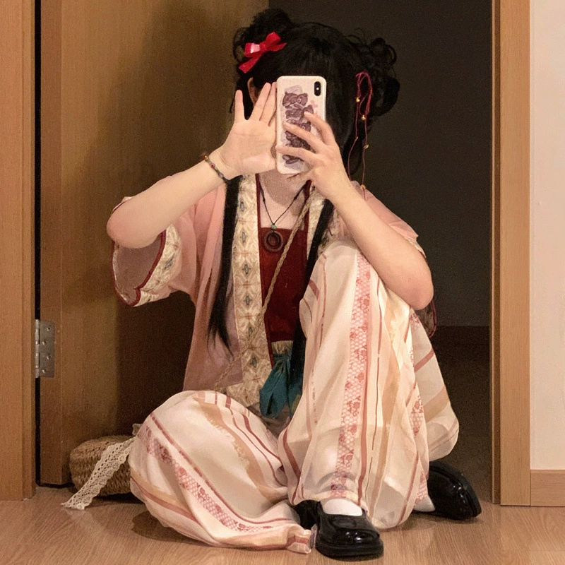 Женская двубортная короткая рубашка и шорты Hanfu с рукавами енота, новый летний комплект династии Сун