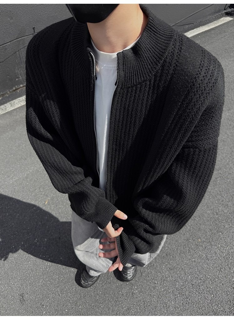 Men's Stand Collar Knit Cardigan Oversized Pullover Sweater_voghion.com