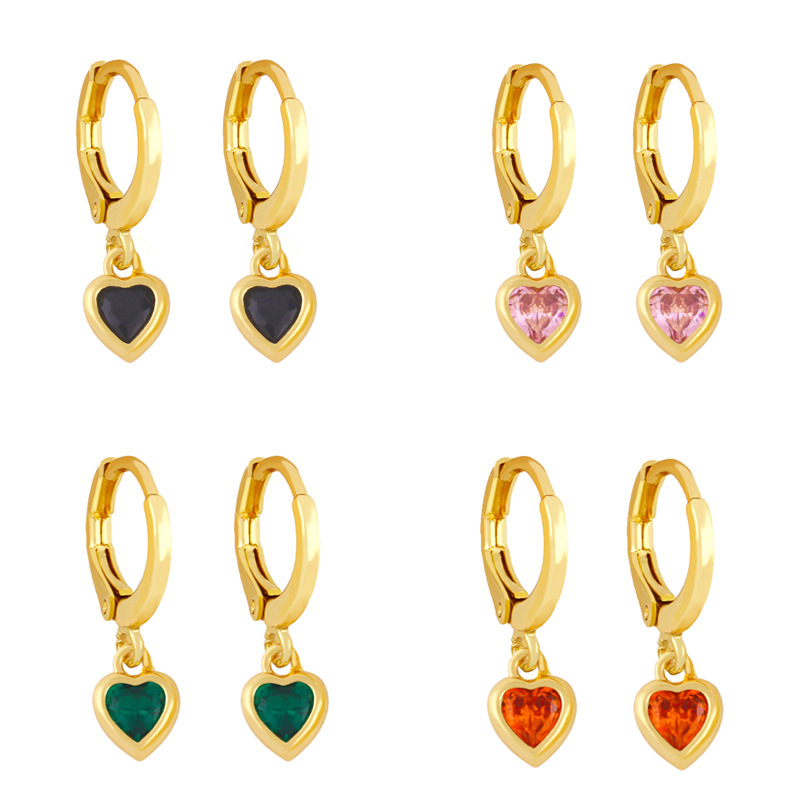 5g Weight 18K Gold Plated Plating Material Artificial Gemstones Inlay Material Earrings Classification Housewarming, Anniversary, Business, Wedding, Travel, Party, Birthday, Festival Occasion Copper Material Heart Pattern Women'S Gender Fashion Style Rose Red, White, Pink, Green, Blue, Champagne, Yellow, Black Color Fashion Heart Copper Artificial Gemstones Copper Earrings 2