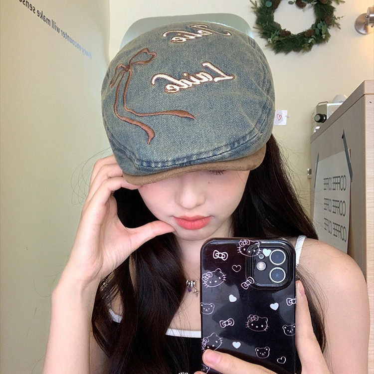 日系复古蝴蝶结水洗牛仔贝雷帽女新款大头围前进帽显脸小画家帽子