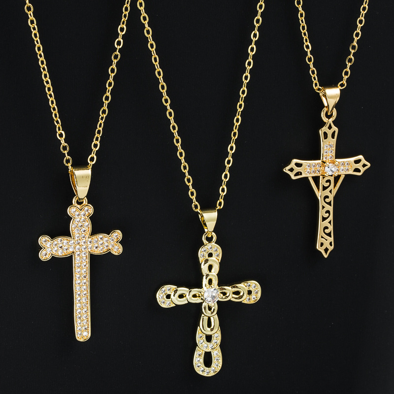 Creative Cross Religious Pendant Gold-plated Copper Pendant Inlaid Zircon Necklace display picture 2