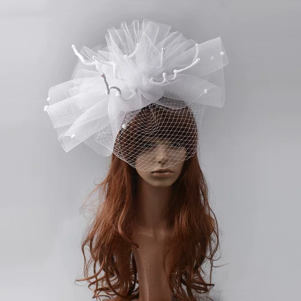 White exaggerated creative personality big mesh head flower catwalk show veil top hat hair accessories model photo headdress