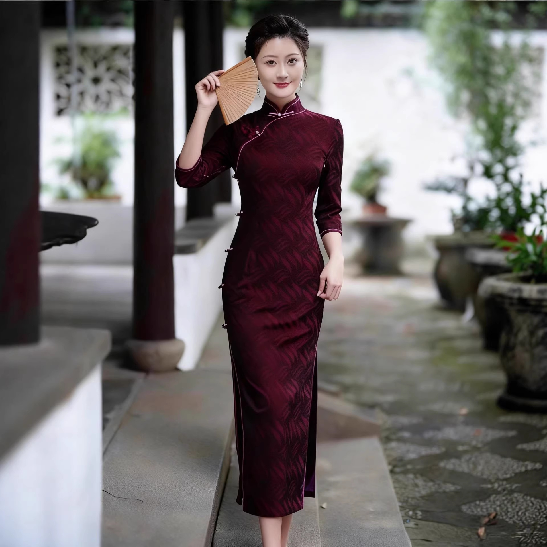 Red and Purple Stretchy Dress, High-End Elegant Dress for the Mother of the Bride/Groom, Wedding Banquet, Formal Dress, High-Class Cheongsam