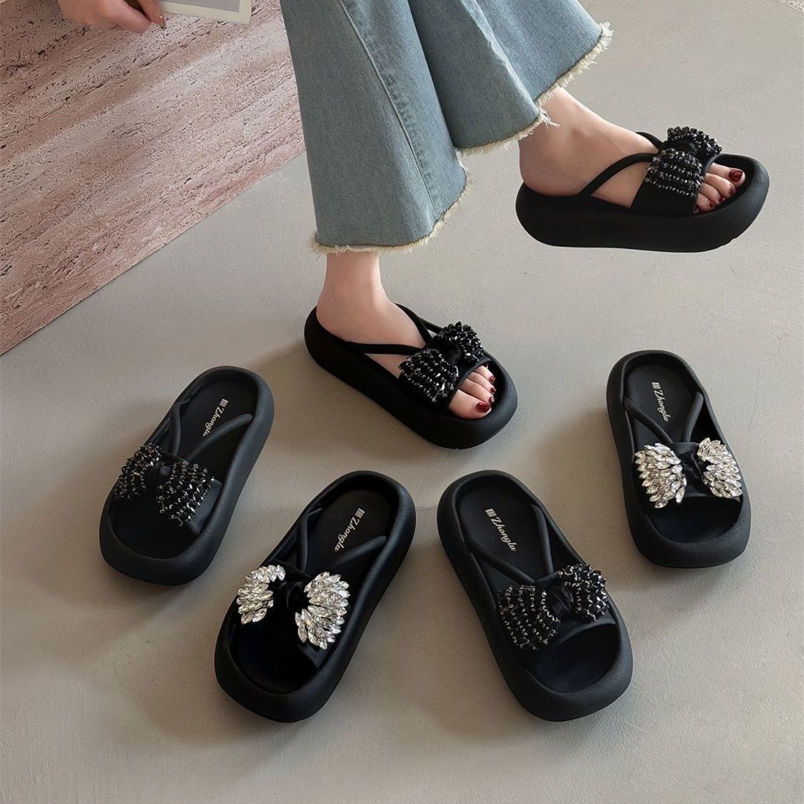 Rhinestone Heightening Summer Slippers for Women to Wear Outside, High-Bottom 2025 Popular Thick-Soled Platform Bow Sandals