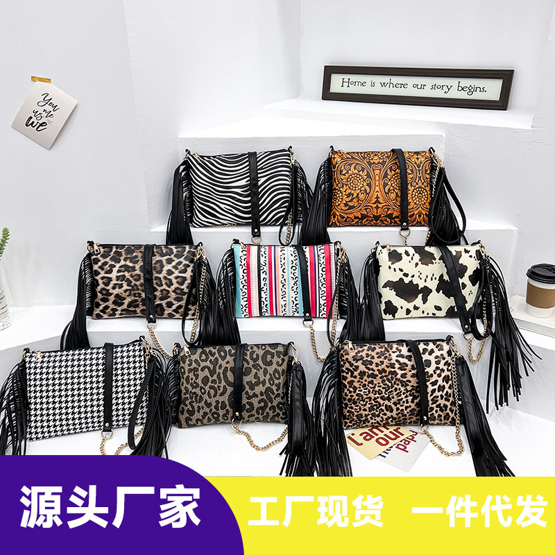 Cross-Border 2026 Amazon Hot-Selling Tassel Bag Women's Small Square Bag European and American Best-Selling Printed Crossbody Bag Chain Bag