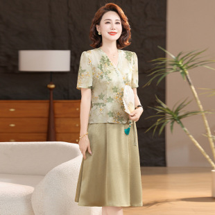 Trendy Middle-Aged Mom Two-Piece Dress New Summer Short-Sleeve Chinese Style Dress for Middle-Aged and Elderly Women