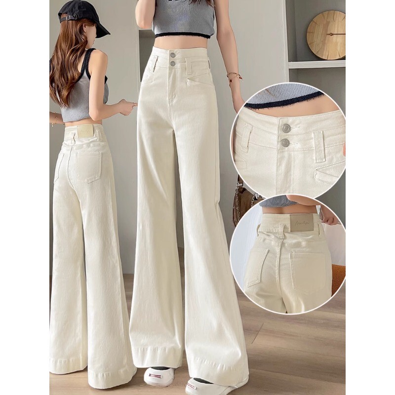 creamy-white Wide Leg Jeans Women's Trendy All-match New High Waist Slimming Belly Covering Slim-fit Design Micro-lar Trousers