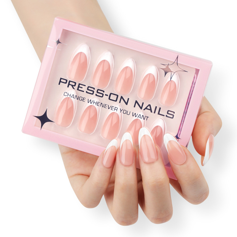 30 Pieces of Pink Short Almond-Shaped Press-On Nails with French White Tips, High-End Feel, Cross-Border Best-Selling Nail Art Fake Nails