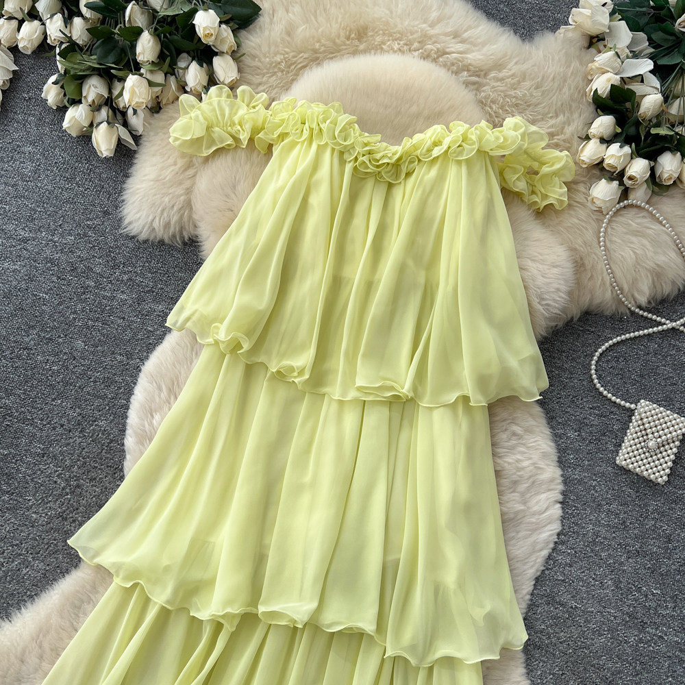 French Style Halter Neck Sleeveless Ruffle Dress Korean Summer High Waisted Cake Skirt Vacation Elegant Long Dress for Women_ecoleips.com