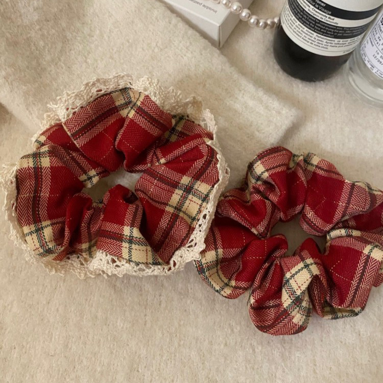 Ballet College Style New Year red plaid fabric large intestine ring French retro hair band hair rope tie ball head hair accessories_voghion.com