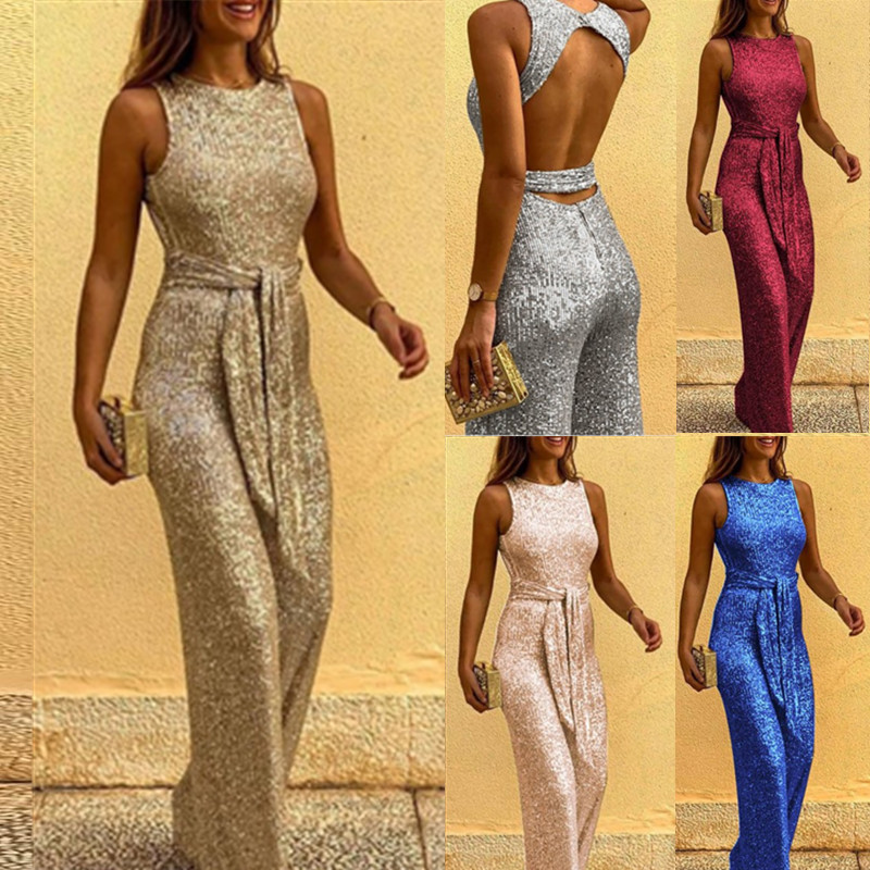 2023 cross-border wish European and American ebay Amazon crew neck sleeveless sequin silver point jumpsuit women's clothing