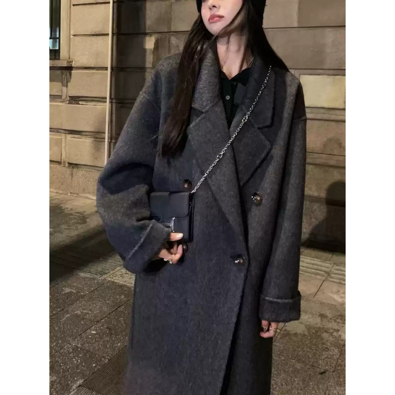 Black and gray double-sided cashmere coat for women, 2026 autumn and winter new model, mid-length, high-end woolen Korean-style coat Black and gray double-sided cashmere coat for women, 2026 autumn and winter new model, mid-length, high-end woolen Korean-style coat