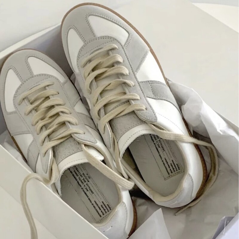 Maji's German Training Shoes with Lace-Up Color-Blocking Design, Casual Genuine Leather Versatile Flat-Soled Unisex Color-Blocking White Sneakers Maji's German Training Shoes with Lace-Up Color-Blocking Design, Casual Genuine Leather Versatile Flat-Soled Unisex Color-Blocking White Sneakers