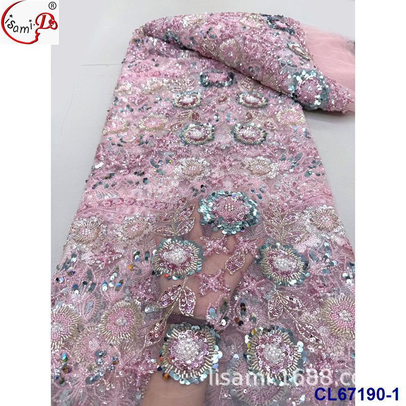 法式复古满幅串珠亮片绣婚纱蕾丝面料 连衣裙礼服装网纱绣批发