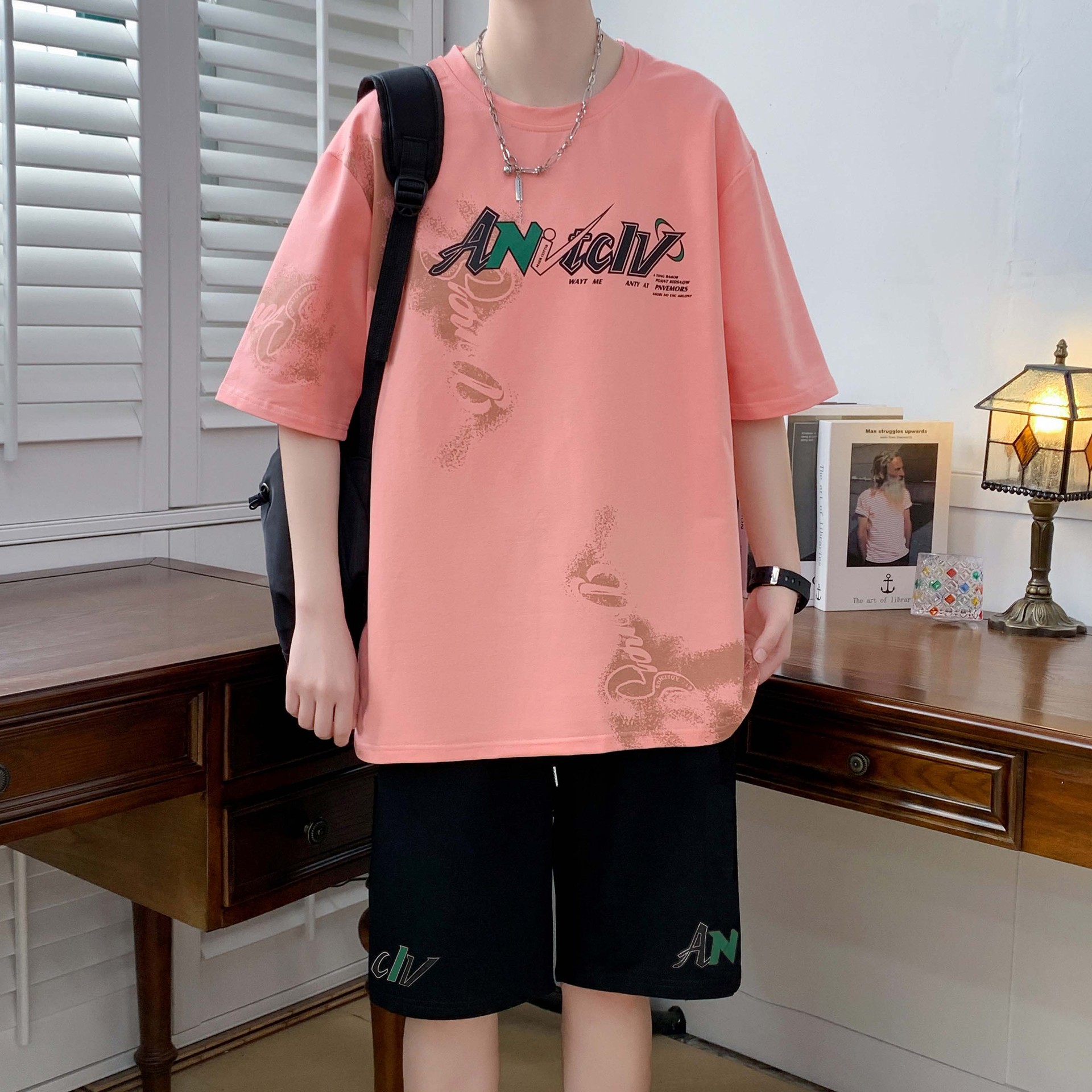 Cotton Short-Sleeved T-Shirt for Male Junior High School and High School Students Summer Half-Sleeved Shorts with a Set of Youth Sports Suits