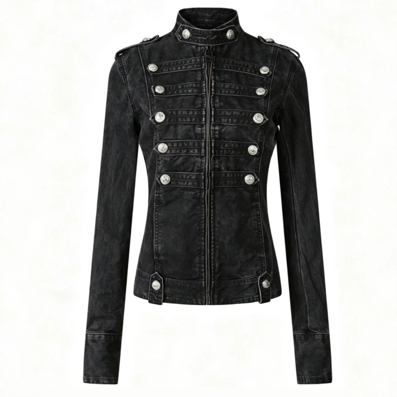 Cross-border retro black denim jacket for women, featuring a court-style design, buttoned front, stand-up collar, motorcycle jacket style, and a slim-fit, short, workwear-inspired silhouette Cross-border retro black denim jacket for women, featuring a court-style design, buttoned front, stand-up collar, motorcycle jacket style, and a slim-fit, short, workwear-inspired silhouette