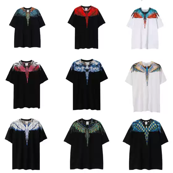 Cross-border Foreign Trade European and American Streetwear MB Short Sleeve Printed Colorful Wings T-Shirt Unisex Couple Black White Feather Half Sleeve Tee