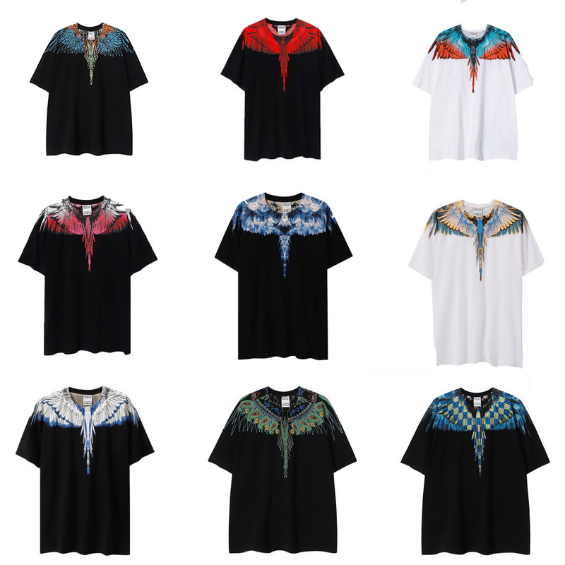Cross-Border Foreign Trade European and American Trendy Brand Mb Short-Sleeved Printed Colorful Wings T-Shirt for Men and Women, Couple's Black and White Feather Half-Sleeved T-Shirt