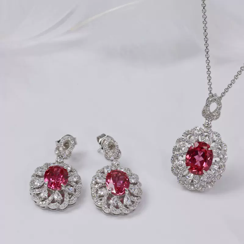 S925银培育帕帕拉恰蓝宝石性感女式项链小众气质彩宝吊坠耳钉套装