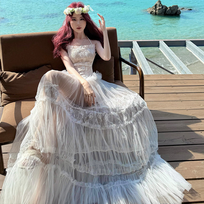 Water-Gloss Sheer Lace Jacquard Patchwork Long Holiday Lace Mesh Halter Backless Dress Printed Fairy Dress