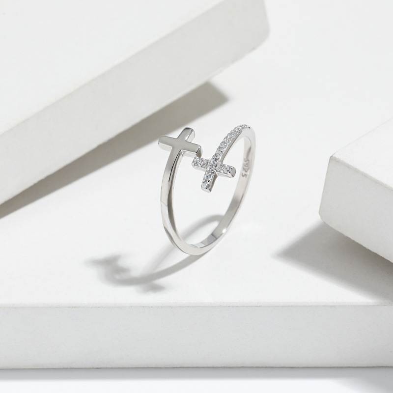Cross Pattern 1 Piece 925 Sterling Silver Cross Zircon Open Rings Rings