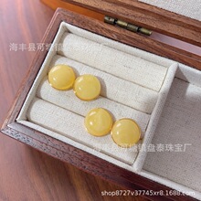 厂家批发 天然蜜蜡圆形耳钉 S925银镶嵌