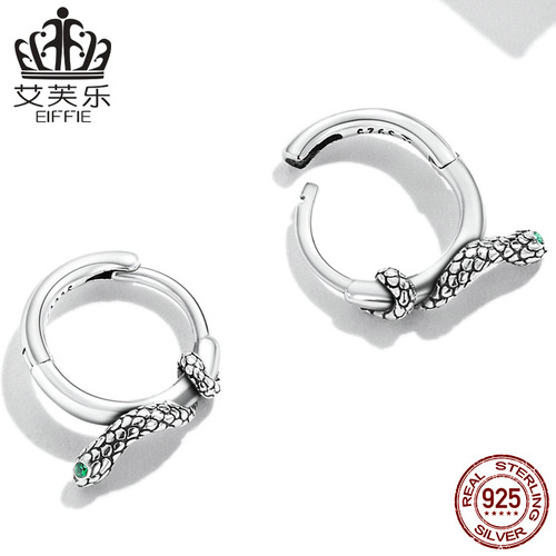 Afler European and American hot selling sterling silver s925 snake earrings simple green zircon line striped earrings