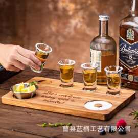 创意木质洋酒品鉴托盘带盐边盒多孔酒杯托盘酒吧多格饮品酒具托盘