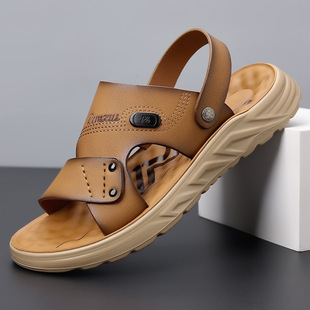 Sandals Men's Trendy 2025 Summer Outer Wear Thick-Soled Non-Slip Casual Beach Shoes Men's Soft Leather Breathable Dual-Purpose Slippers