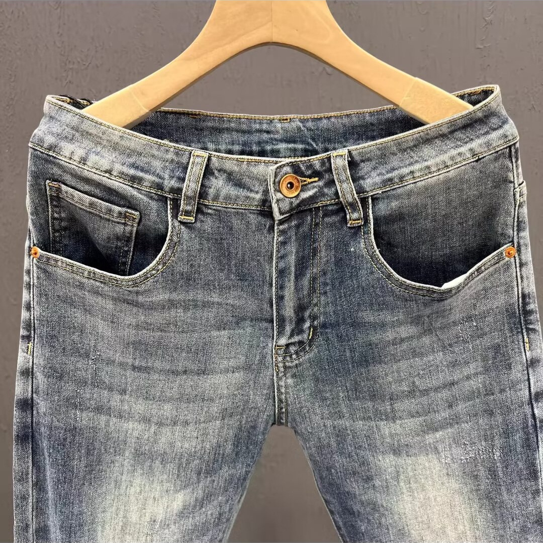 Strict selection of high-end sense printed men's jeans summer new slim-fit small feet retro all-match pants thin pants