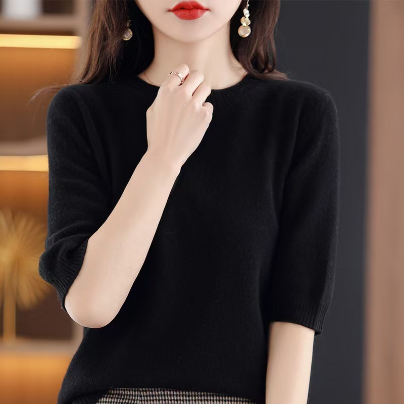 针织短袖薄款上衣女T恤2025春秋半袖羊毛打底衫圆领中袖宽松批发|undefined