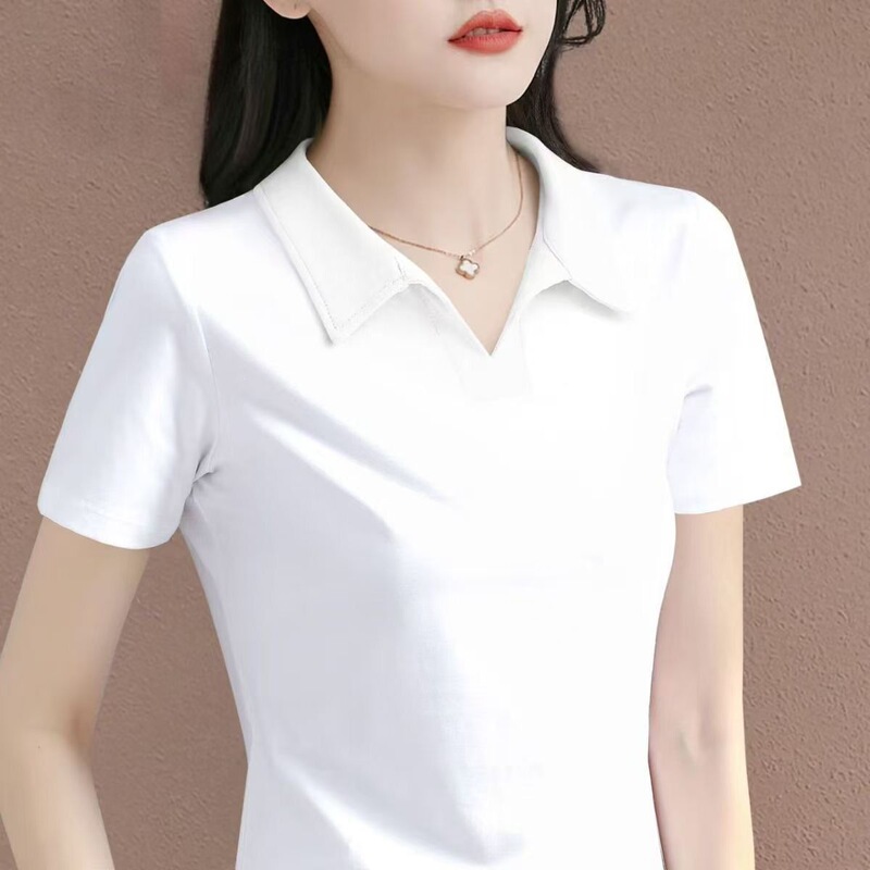Middle-Aged and Elderly Women's Korean-Style Polo Shirt with a Turn-Down Collar, Short-Sleeve T-Shirt for Women, 2026 Summer Fashionable Slim-Fit Top