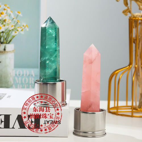 Natural crystal raw stone polished six-sided single-pointed standard column energy cup water bottle accessories replaceable bottom mesh crystal column
