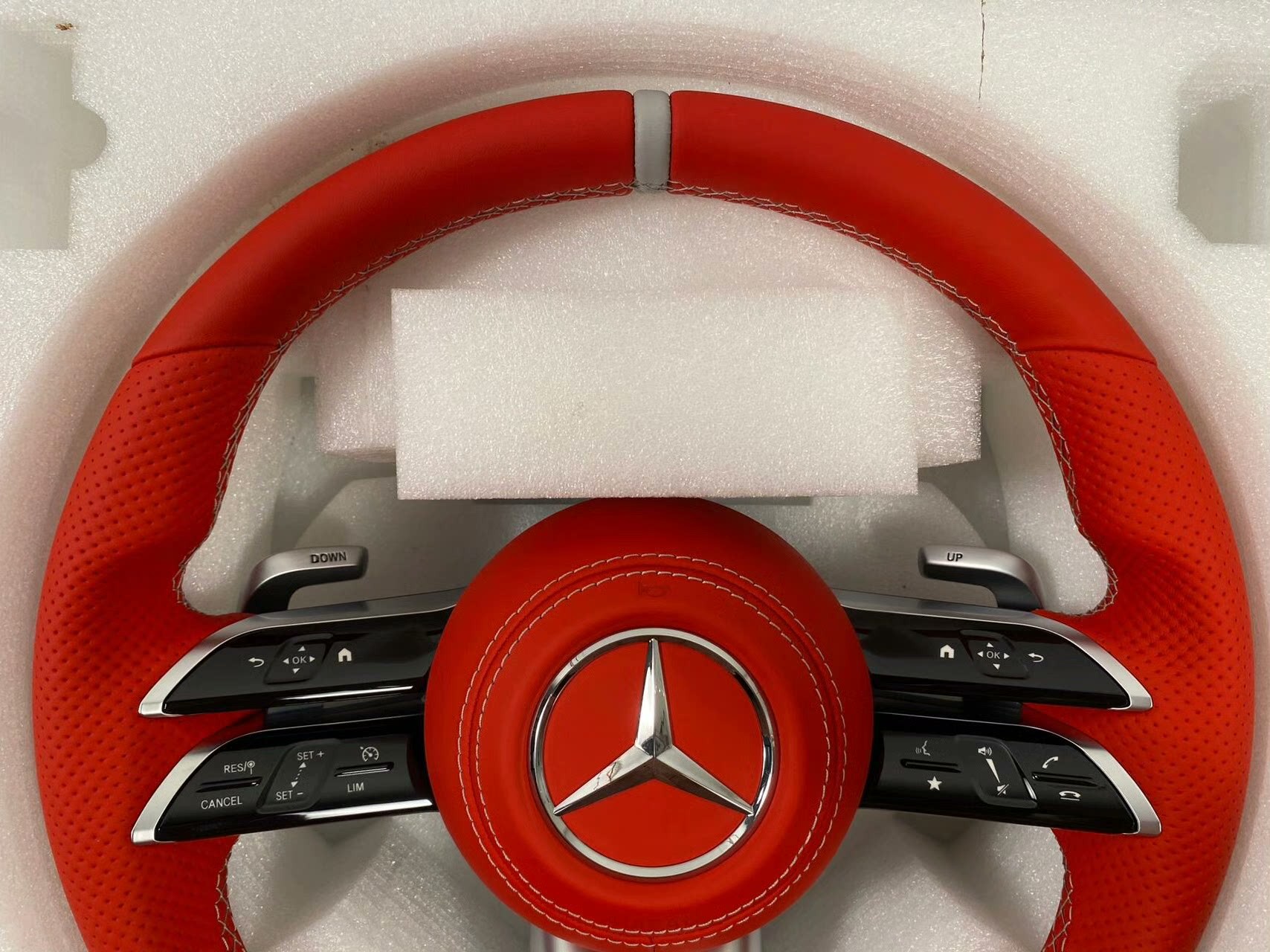 Mercedes-Benz AMG steering wheel assembly, Dragonfly flat-bottom design, red genuine leather, with full paddle shifter functionality