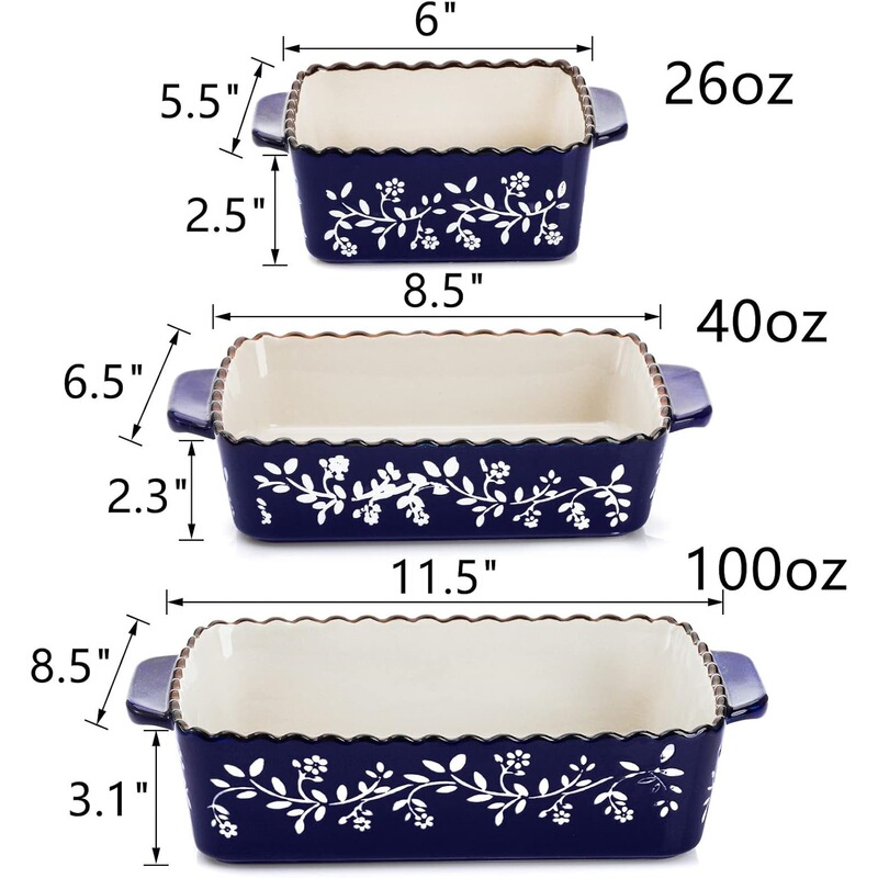Rectangular ceramic baking pan set of three, with double handles, for baking wide noodles, suitable for home use, microwave, and oven Rectangular ceramic baking pan set of three, with double handles, for baking wide noodles, suitable for home use, microwave, and oven