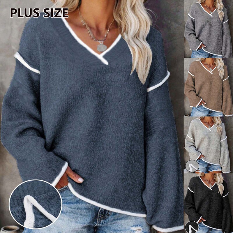 Cross-Border Autumn and Winter Popular V-Neck Color-Blocked Loose Casual Plus-Size Women's Lazy Style Knitted Top