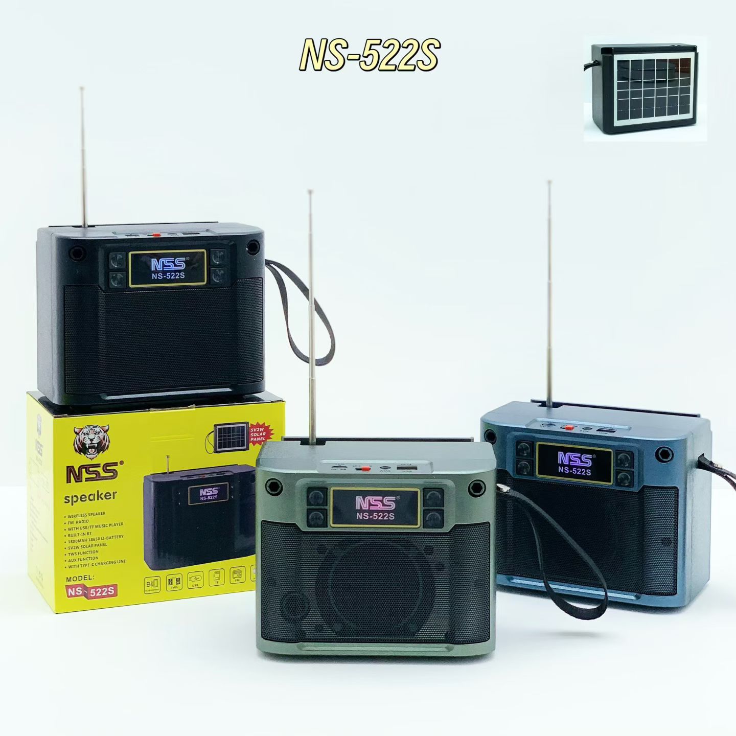 NS-522S跨境蓝牙音箱便携式重低音炮户外太阳能板手提天线收音机