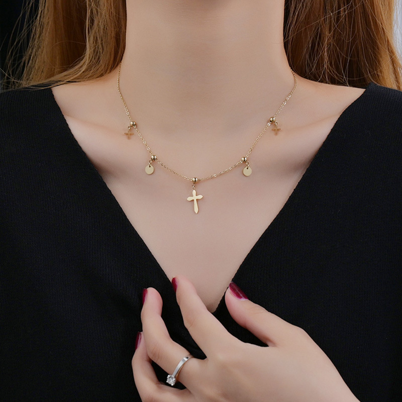 ins cold wind round bead cross round brand necklace female trend wild stainless steel 14k gold clavicle chain