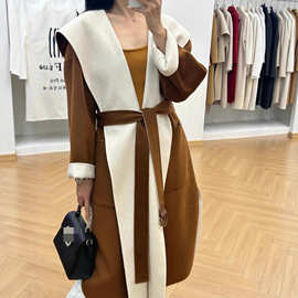 l&P双面羊毛大衣双色连帽女宽松长款大翻领廓形羊绒外套秋冬款25