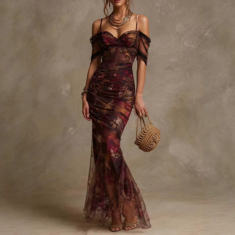 2026 Foreign Trade European and American Cross-Border Amazon Independent Site Western Vacation Printed Mesh Slit Dress New Style
