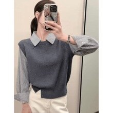 韩系假两件毛衣新款拼接条纹下摆开扣针织衫上衣女简约气质高级感