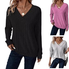 2024 国境を越えた年ヨーロッパとアメリカのアマゾン秋と冬の新しい人気の長袖 V ネックニット Tシャツカジュアル無地トップス婦人服