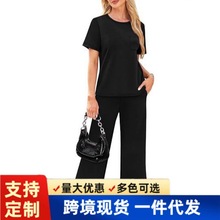 新款欧美夏季高端运动风时尚短袖休闲套装时尚款跨境批发短袖女装