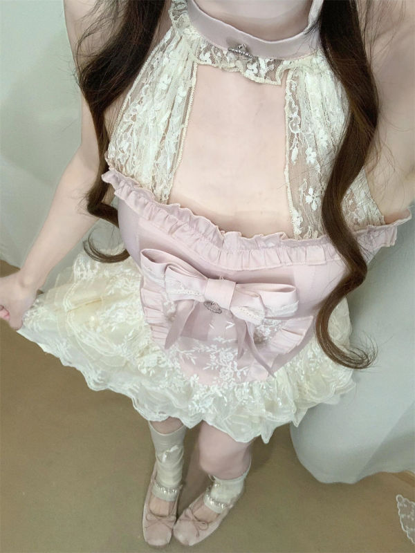 甜美纯欲风蕾丝拼接蝴蝶结挂脖上衣夏季新款高腰蛋糕半身裙套装女|undefined