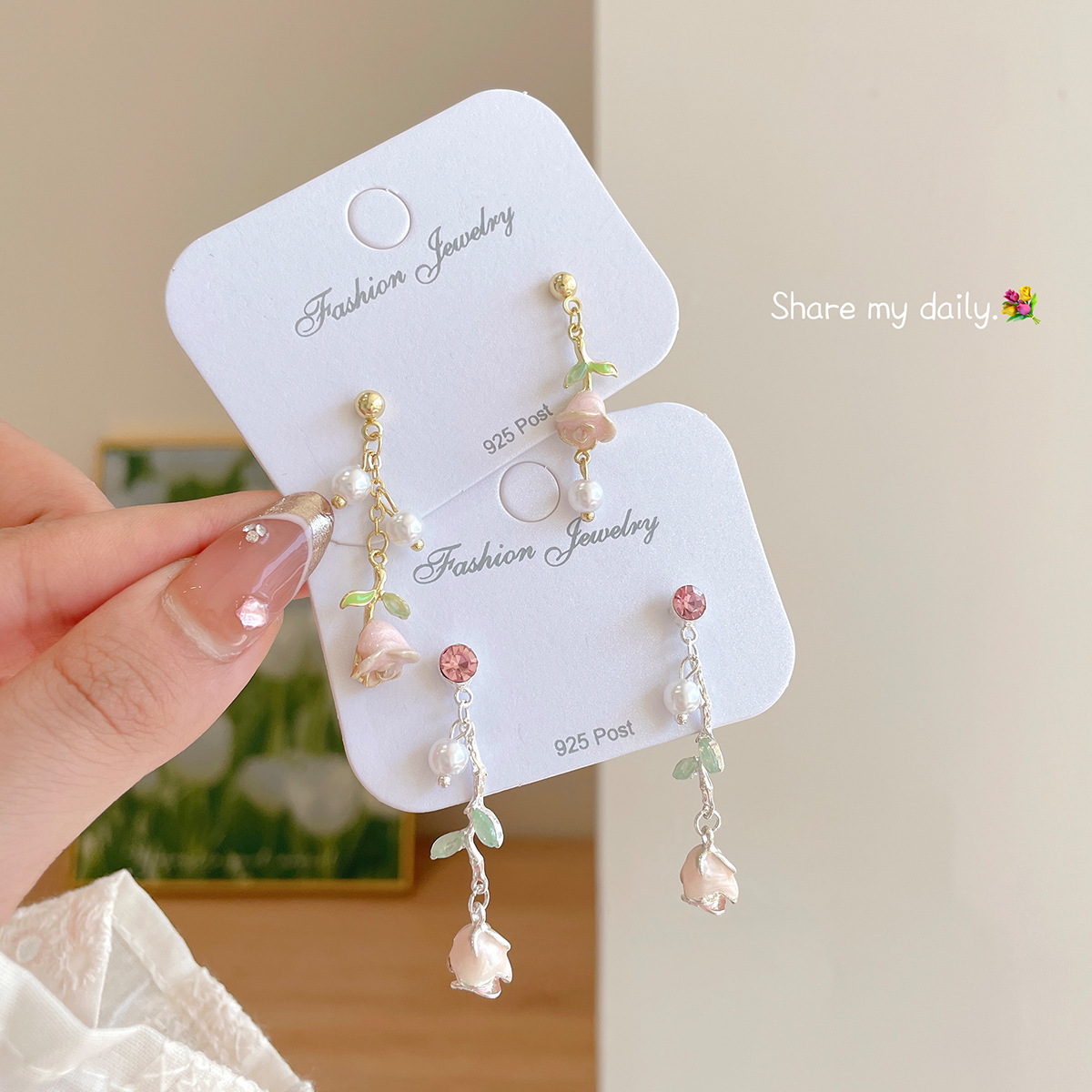 Rose Sweet Oil Dropping Flower Earrings Women's Silver Needle Long Exquisite Tassel Niche Design Light Luxury Summer Earrings