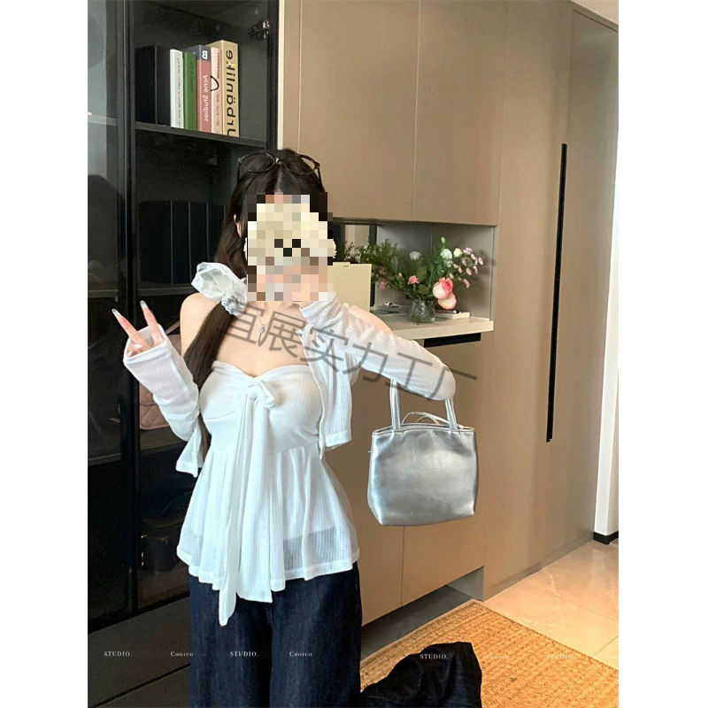 Корейский стиль: белый вязаный кардиган для защиты от солнца, женский весенний сладкий сексуальный топ на бретелях, комплект из двух предметов