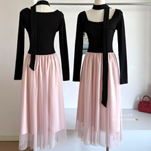 雯 干枯玫瑰韩系高智法式千金感撞色拼接收腰长袖连衣裙